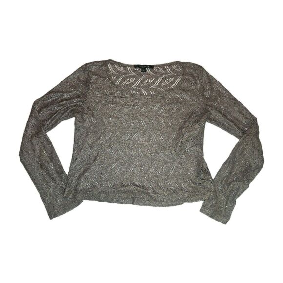 Forever 21 S Cropped Long Sleeve Lace Blouse Metallic Silver Goth Grunge Sheer - Picture 1 of 8